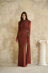 Rust Draped High Neck Long Sleeve Maxi Gown