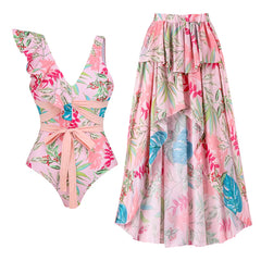 Ruffle Trim Floral Print Swimwear Set
