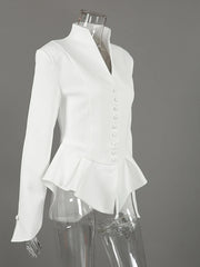 White Stand Collar Button Up Peplum Jacket