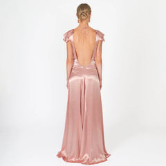 Satin Open Back Tie Up Short Sleeve Maxi Dress