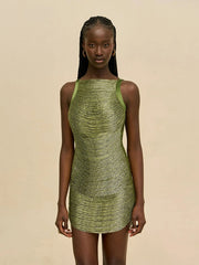 Ruched Metallic Thread Sleeveless Mini Dress
