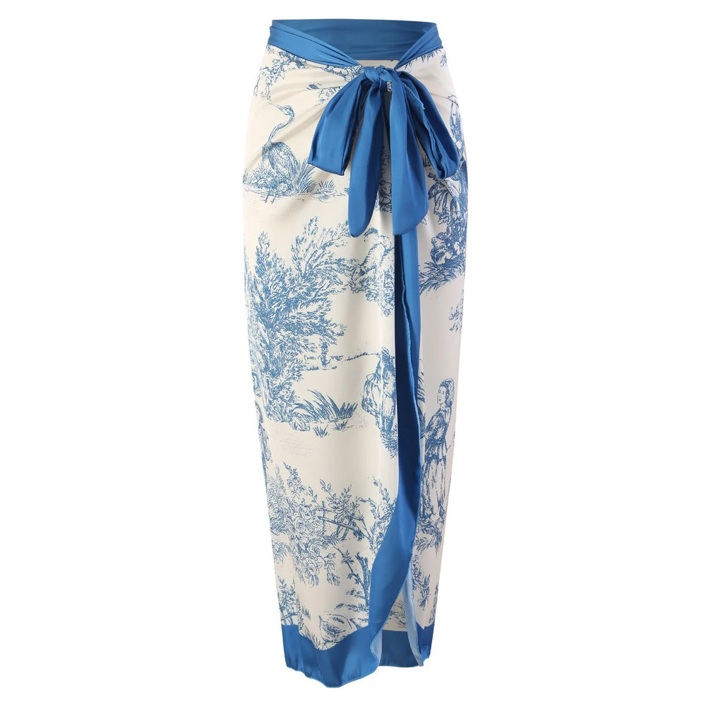 Wrap skirt with toile print and blue tie detail