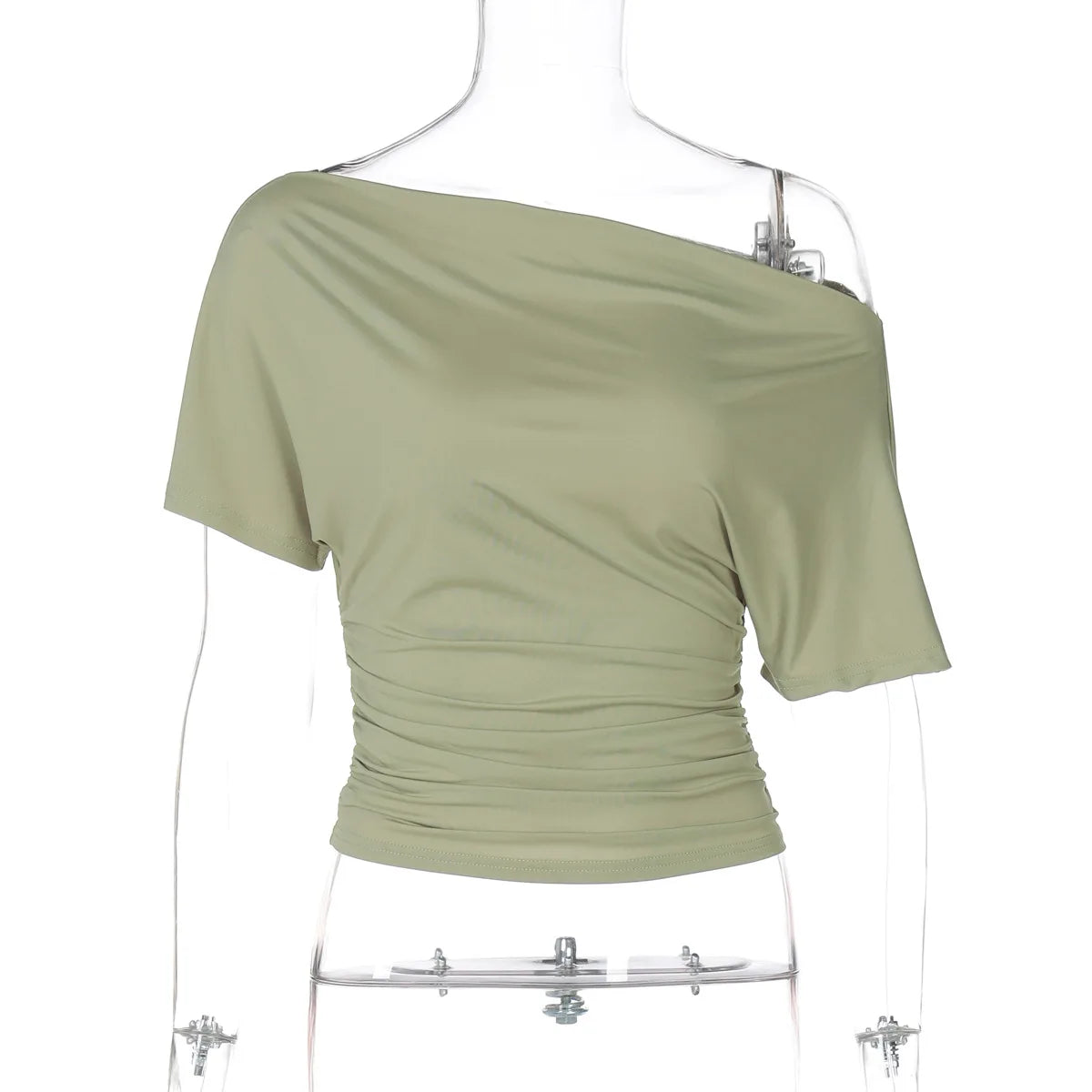 Green off-shoulder top on a mannequin against a white background