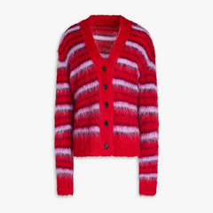Red and pink striped cardigan on a white background