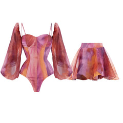 Balloon sleeve corset bodysuit and flowing mini skirt set