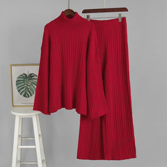 Cabel Knit Turtleneck Long Sleeve Top And High Waist Trousers Set