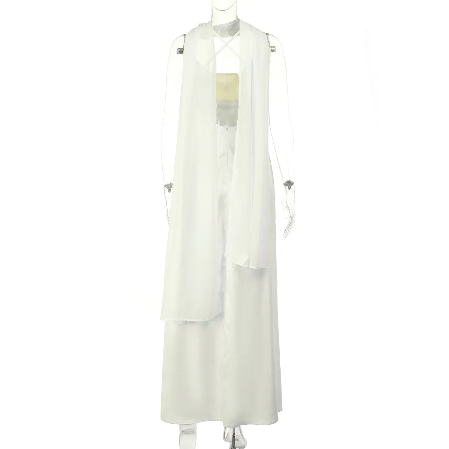 White sleeveless dress on a mannequin against a white background