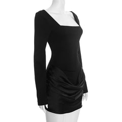 Square Neck Mini Dress with Satin Drape and Long Sleeves