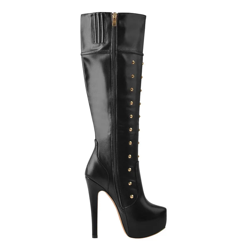 Platform studded stiletto knee-high boot