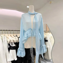 Sheer Ruffled Plunging Neck Halter Blouse