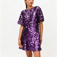 Purple sparkly sequins round neck mini dress