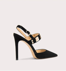 Black high-heeled sandal with a strap on a white background
