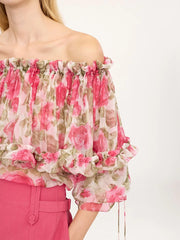 Ruffle Off-Shoulder Long Puff Sleeve Top