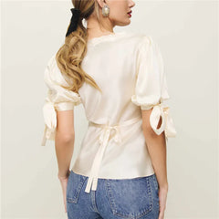 Satin Lace Puff Sleeve V-Neck Blouse