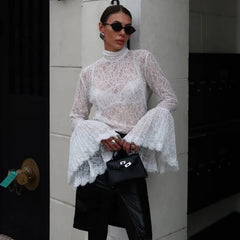 White Sheer Scarf Neck Frill Sleeve Top