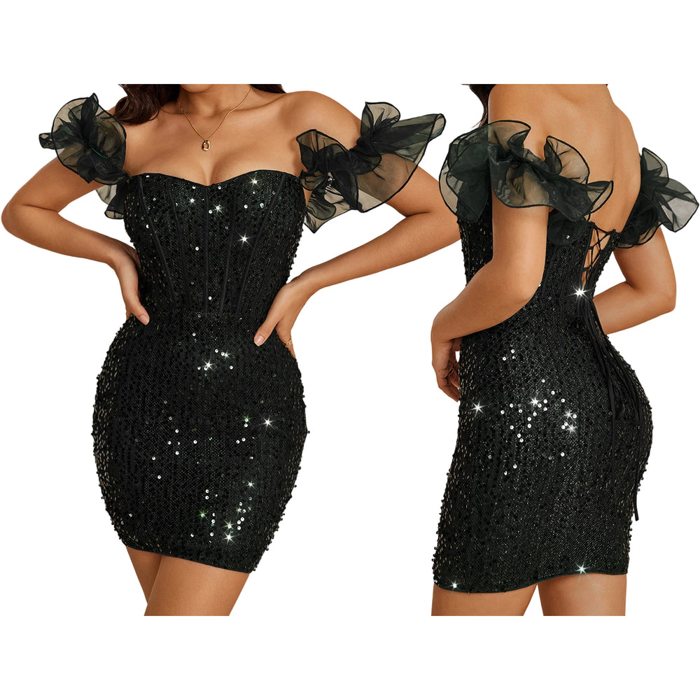 Black sequin dress with sheer sleeves on a white background