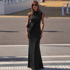 High Neck Draped Ruched Maxi Dress