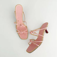 Pink Rose Square Toe Low Heel Sandals