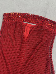Red Strapless Diamond Embellished Maxi Dress