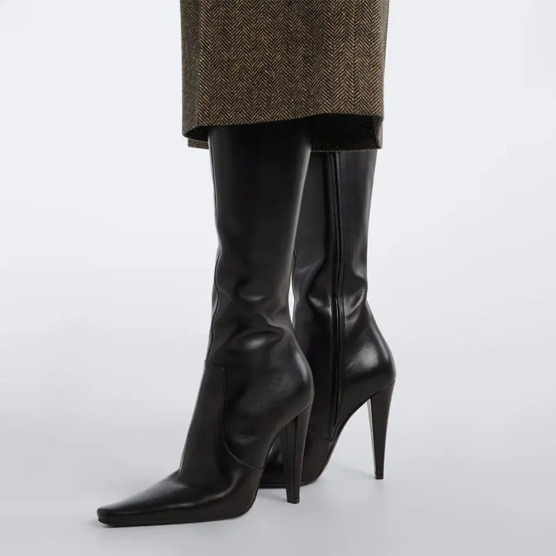 Black pointed slim high-heeled knee-high boots