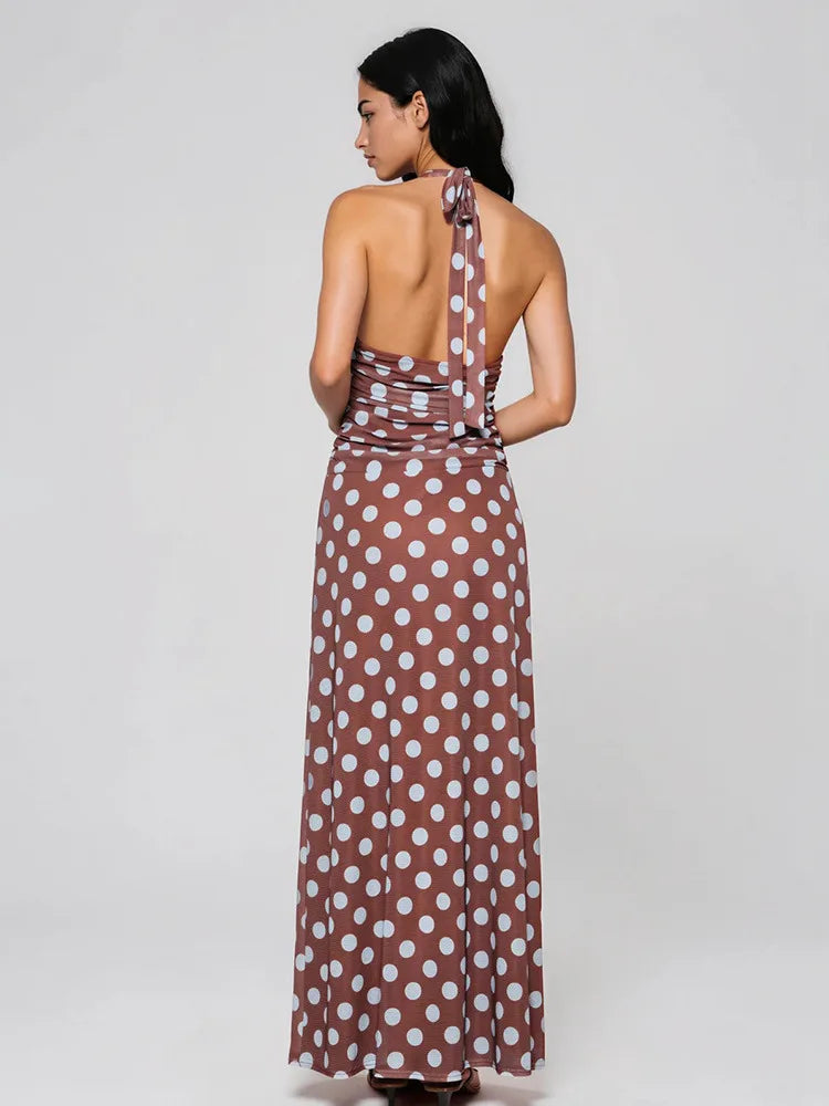 Polka dot deep v neck halter maxi dress back view