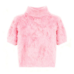 Pink fluffy sweater on a white background