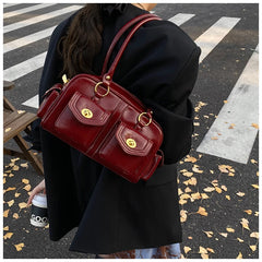 Microfiber Leather Vintage Pocket Satchel – Black & Burgundy