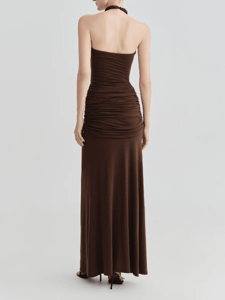 Brown halter neck ruched maxi dress back view
