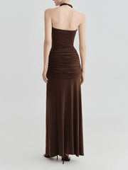 Brown halter neck ruched maxi dress back view