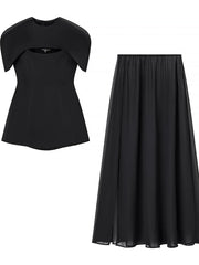 Solid Three Piece Square Collar Sleeveless Top with Shawl And Mesh Long Skirt Set