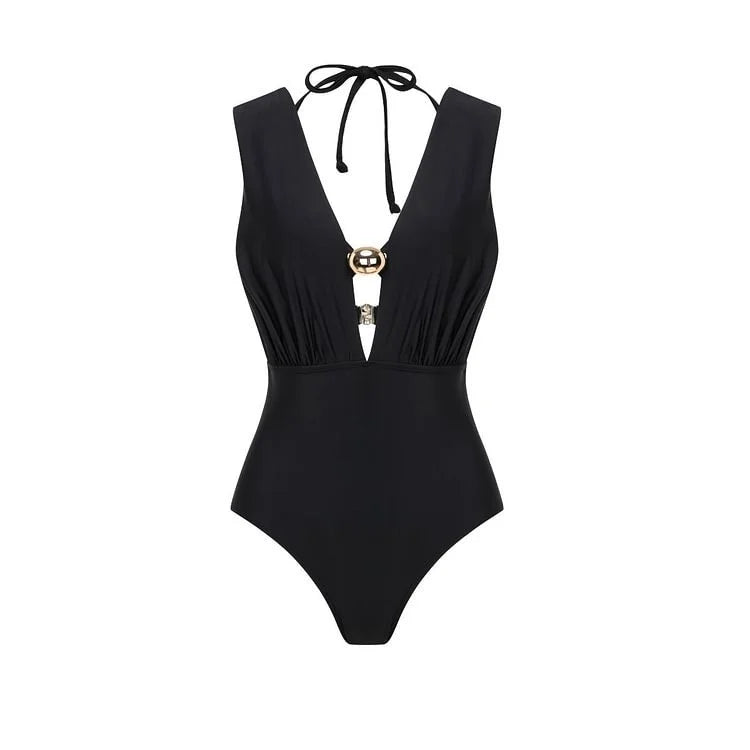 Black one-piece swimsuit with deep V-neckline, gold hardware, and halter ties