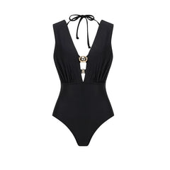 Black one-piece swimsuit with deep V-neckline, gold hardware, and halter ties