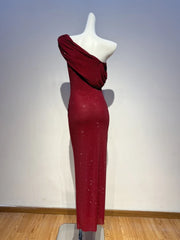 Red One Shoulder Diamond Embellished Maxi Dress