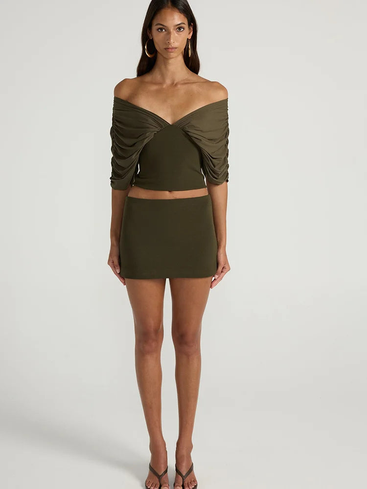 Off shoulder gathered knit crop top full body view
