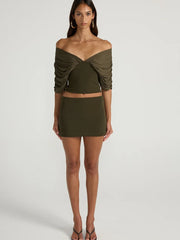 Off shoulder gathered knit crop top full body view