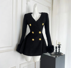Fur Collar Black Woollen Coat Double Breasted Buckle Dress