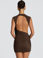 Draped Mock Neck Open Back Mini Dress