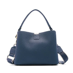 Blue handbag with a strap on a white background