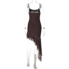 Polka Dot Lace Trim Asymmetric Ruffle Hem Mini Dress