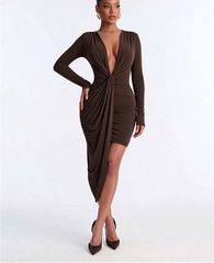 Draped Knot Deep Neck Long-Sleeve Mini Dress