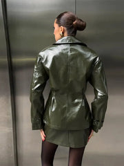 Faux Leather Lapel Jacket and Mini Skirt Set