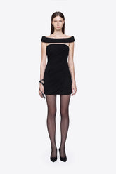 Black ruched off-shoulder cutout mini dress front view