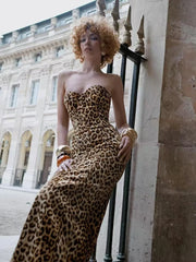Satin Leopard Print Strapless Maxi Dress