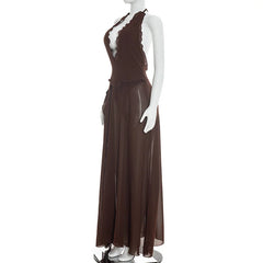 Brown Deep Neck High Split Maxi Dress