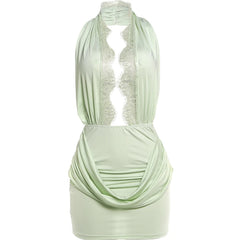 Green Lace Halter Ruched Bodycon Mini Dress