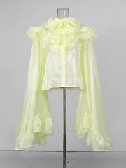 Yellow High Neck Long Sleeve Ruffle Top and Mini Skirt Set