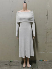 Mannequin wearing a light gray off-shoulder dress against a plain background