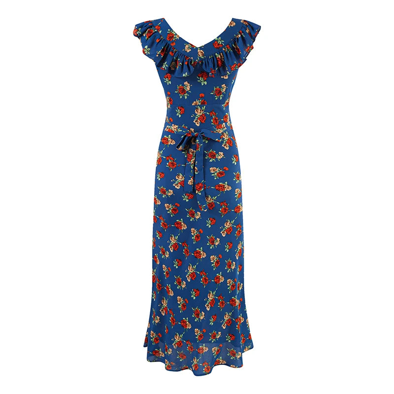 Blue floral print maxi dress with v-neck and ruffles