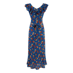 Blue floral print maxi dress with v-neck and ruffles