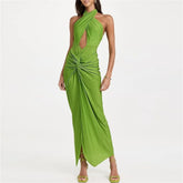 Shimmer halter neck two-piece swimwear with flowing skirt